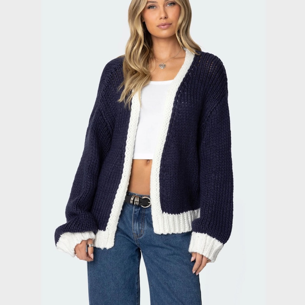 Edikted Navy and White Chunky Knit Cardigan